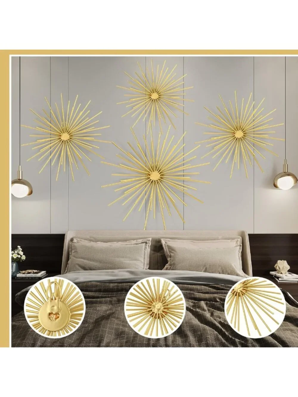 4 Pcs Gold Metal Starburst Wall Art - 3D Spike Decor for Modern Living Room